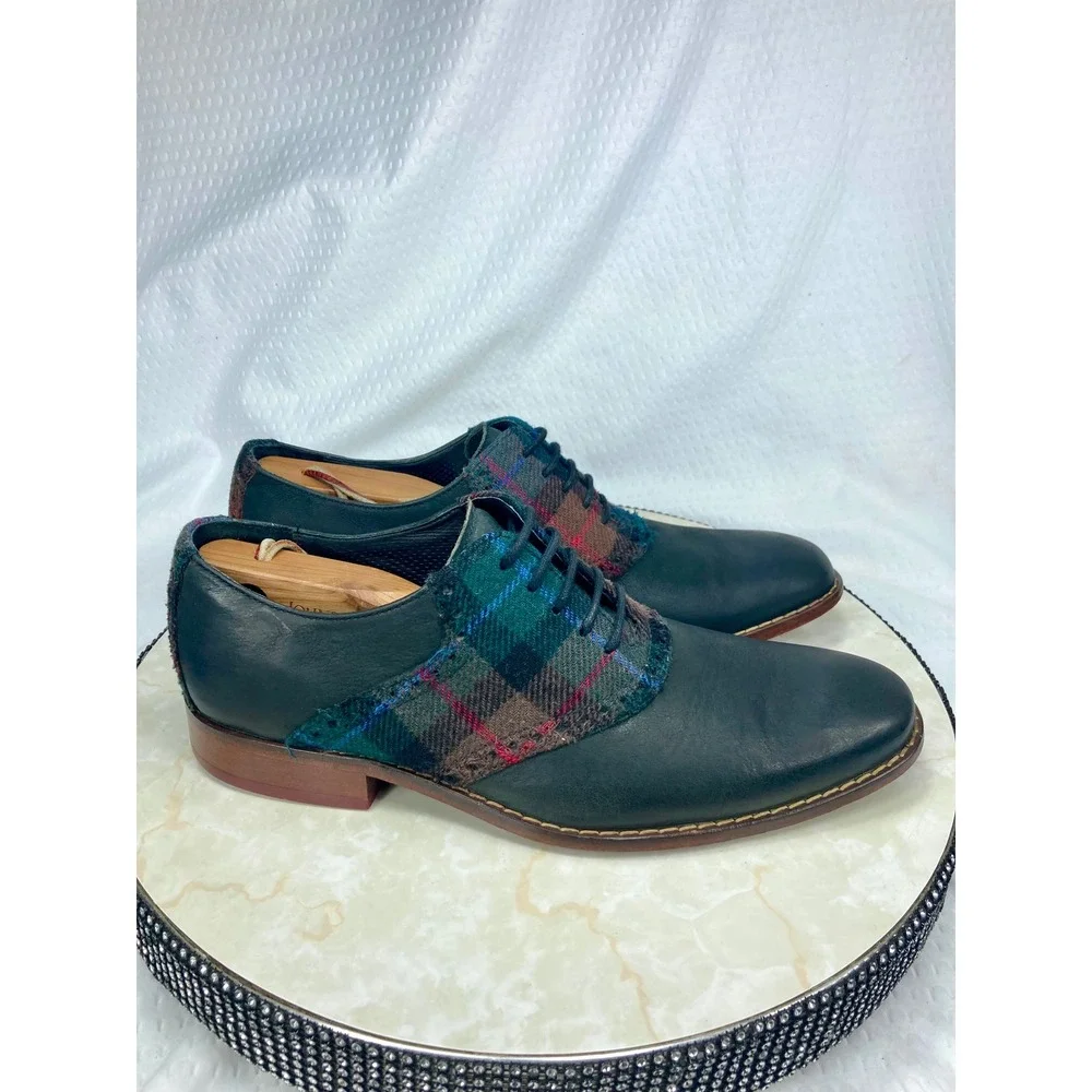 Cole Haan Plaid Wool Leather Oxford Dress Shoes Mens 8.5 Navy Academia Preppy
